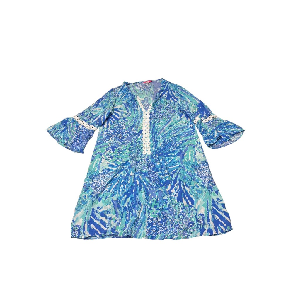 Lilly Pulitzer Blue Floral Rayon Shift Dress Crochet Lace Bell Sleeve Womens L